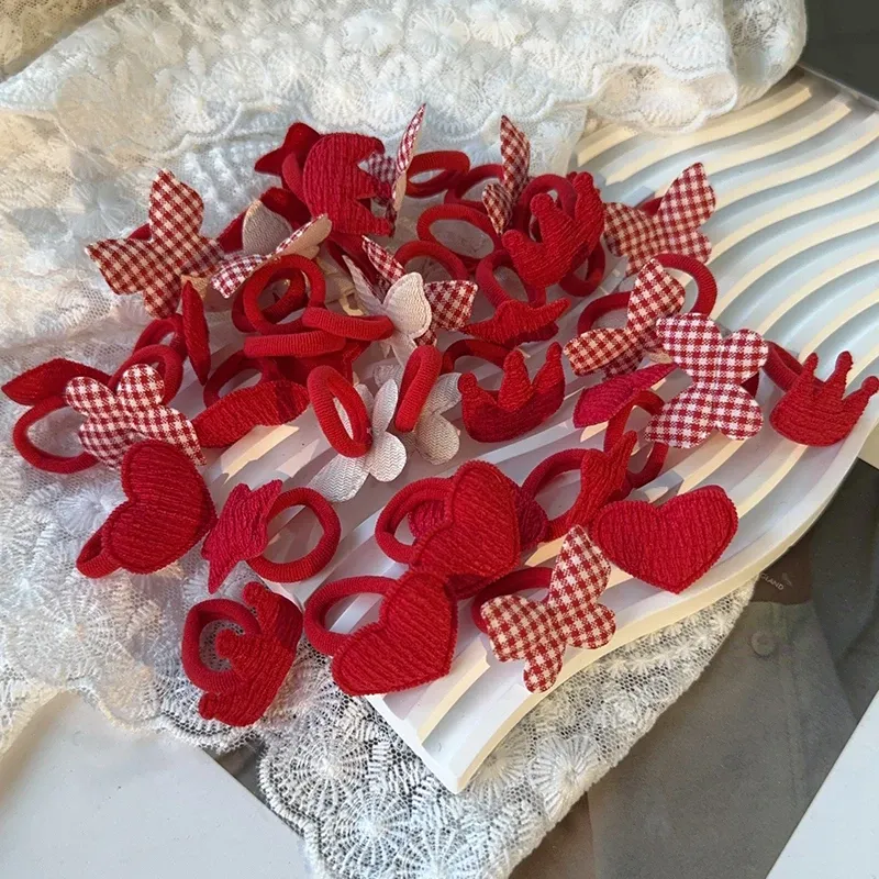 10pcs Red Colors New Year Girls Crown Butterfly Children Hairbands No Harm Cartoon Towel Rope Ponytail Holder Kids Rubber Band