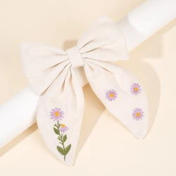 Elegant Floral Embroidered Bow Hair Clips - Handmade Ribbon Flower Hairpins for Women, Girls, and Kids (Beige type02)
