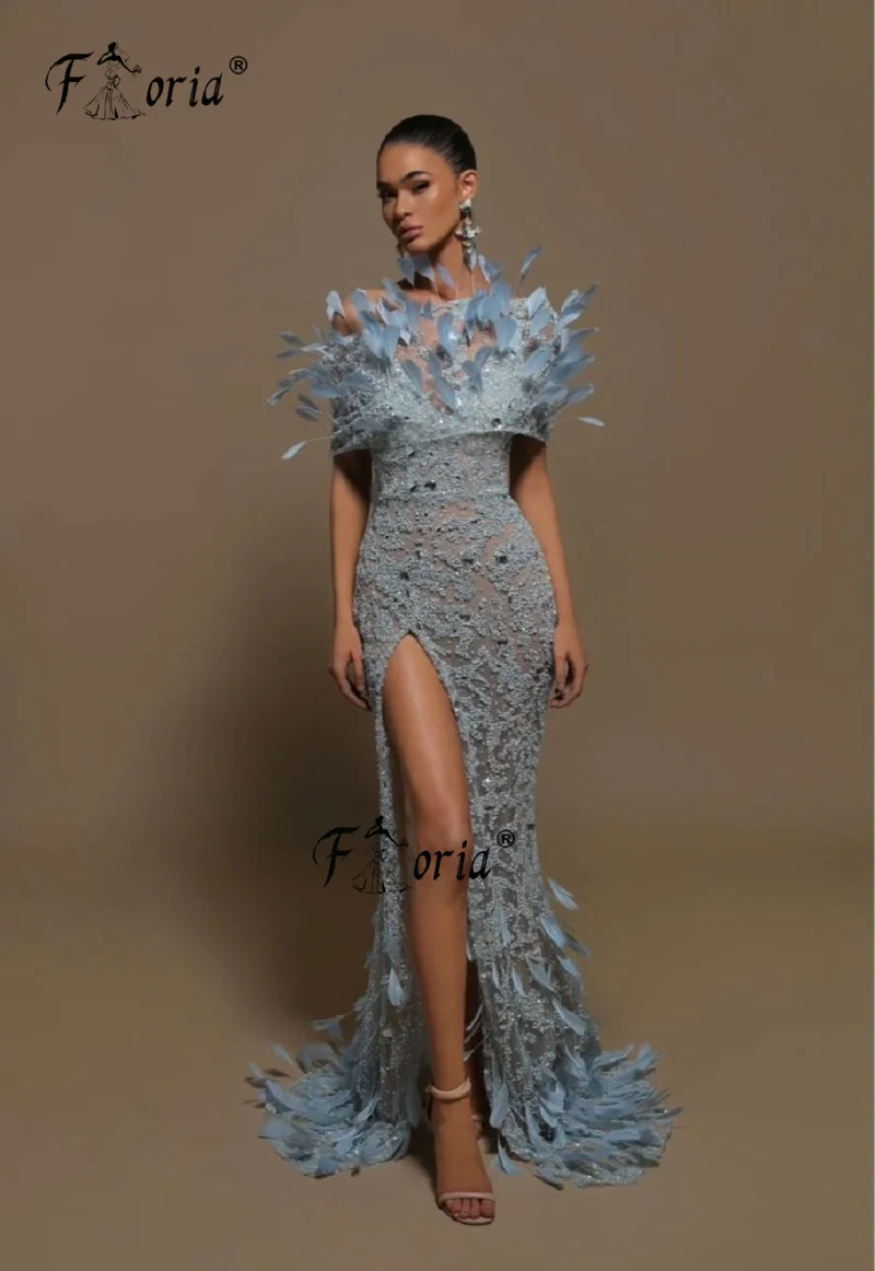 

Elegant Blue Dubai Mermaid Evening Dresses Luxury 2023 Feathers Beaded Lace robe longue soirée Scoop Neck largo fiesta noche