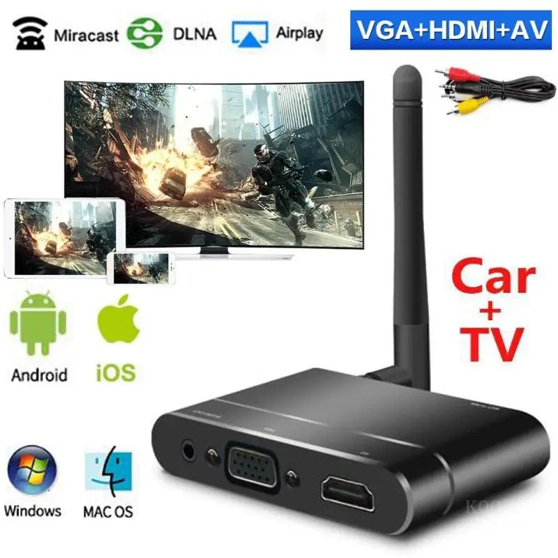

Wireless HDMI-compatible Home Car Miracast Airplay VGA + RCA AV Tv Stick Mirror Screen Mirroring Wifi Display Dongle