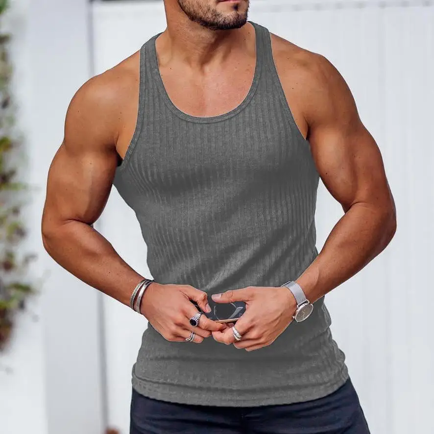 Men's Vest Sleeveless T-shirt 7 Solid Color Fitness Black Sports and Leisure Street I-shaped Top Cotton Slim Tank Top 3