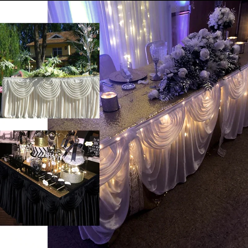 3M/10FT Length Transparent Ice Silk Table Skirt Tablecloth Skirting With Top Swag Drape For Wedding Event Party Decoration