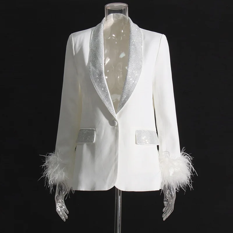Luxury Blazer Nuture Real Stitched Ostrich Feathers Bright Diamond Fashionable Shawl Style Loose White Suit With 3d Sleeves