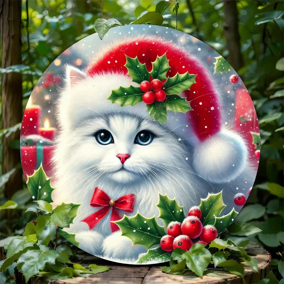 round-aluminum-christmas-sign-santa-hat-cat-vintage-holiday-wall-decor