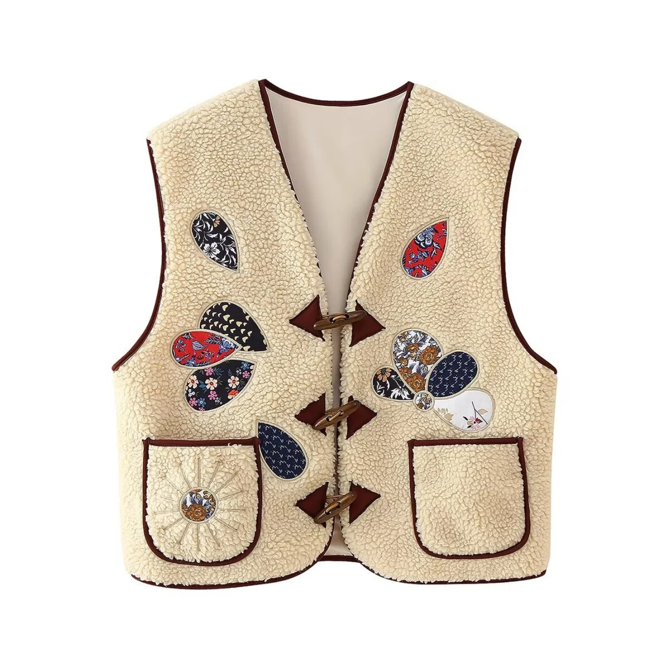 Women Casual Embroidery Patchwork Vest Coat Female Fashion V-Neck Button Loose Short Vest Autumn Winter Lady Chic Tops Streetwea