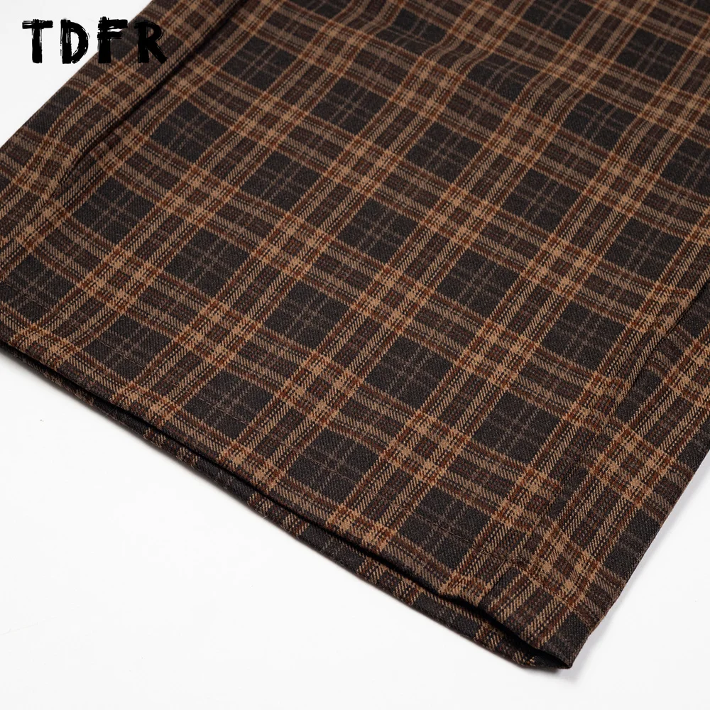 Plaid Casual Pants Mens Pocket Retro Streetwear Elastic Waist Loose Straight Wide leg Trousers Men