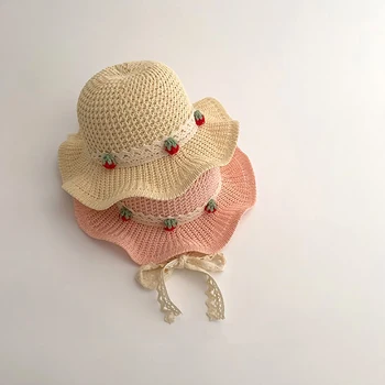 Cute Strawberry Baby Straw Hat Summer Lace Bow Toddler Kids Panama Sun Hat Travel Beach Children Sunscreen Cap 1