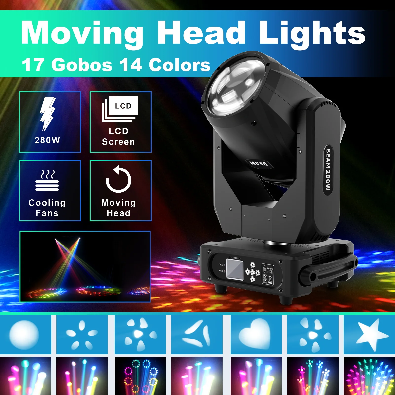 

280 Вт, высокая яркость, Радужный световой эффект, луч, RGB-образец, светильник, движущаяся головка, светодиодный DMX, DJ-диско, светильник Stage, вечерние