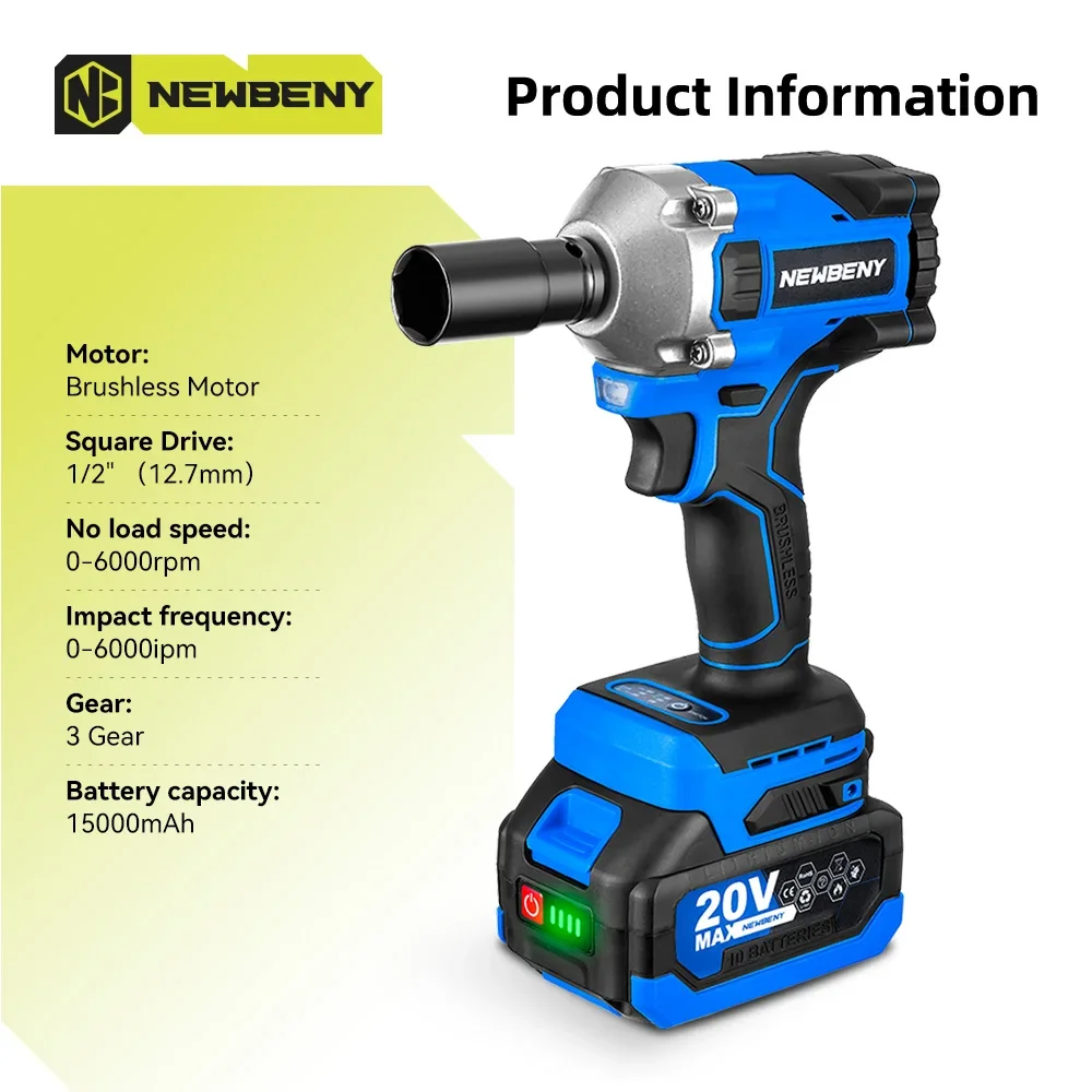 NEWBENY 1000N.m 1/2 inch Brushless Electric Wrench 3Gear Cordless Handheld Impact Wrench Driver Power Tool For Makita 18VBattery 2