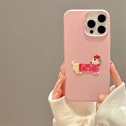 Adorable Korean Cartoon Embroidered Puppy PU Leather Phone Case for iPhone 14 (Pink)