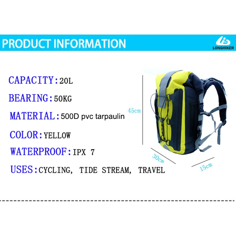 Waterproof Dry Bag 20L Roll Top Backpack for Kayaking Beach Floating Rafting River Pack Seaside Tour Diving Hiking