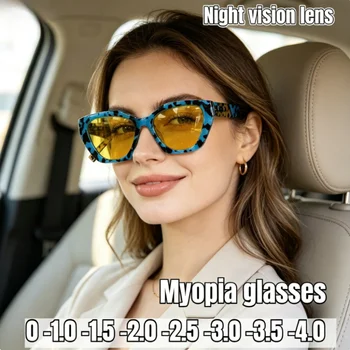 Occhiali da Sole Vintage da Donna con Montatura Tartarugata, Lenti Gialle per Visione Notturna, Antiabbagliamento, Moda per la Guida, da 0 a -4.0