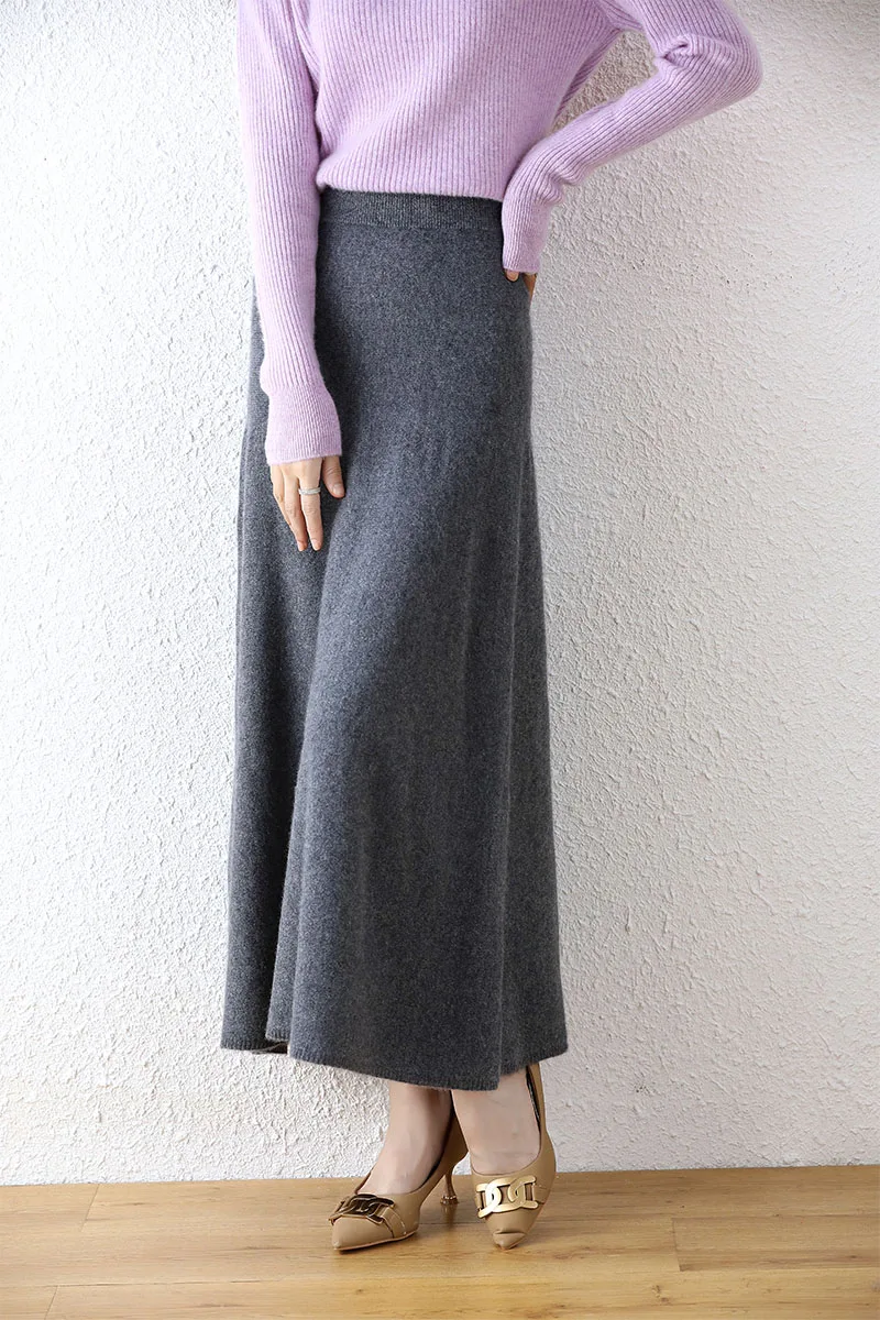 100% Merino Wool New Autumn and Winter Women\'s Half-length Solid Color Versatile Commuting Over-the-Knee Skirt