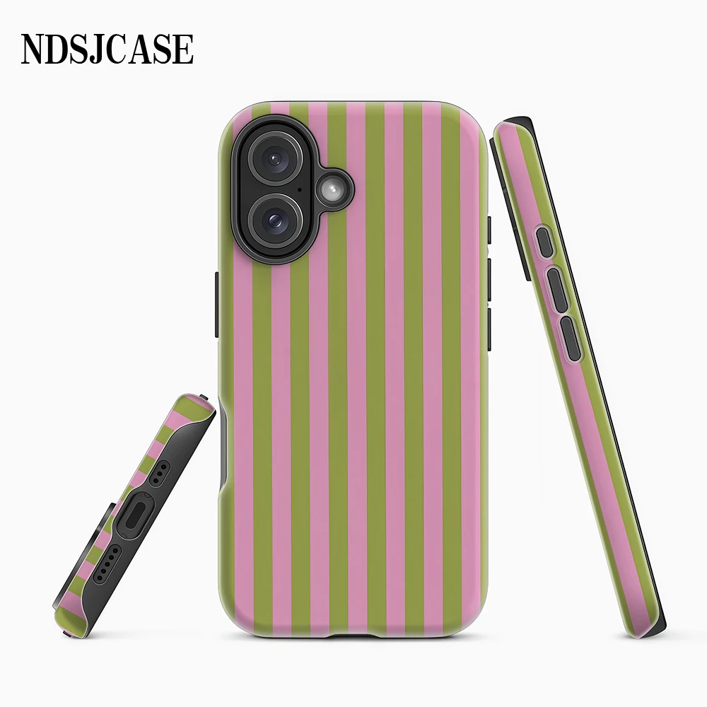 Luxury Double-Layer Phone Case with Pink and Green Vertical Stripes