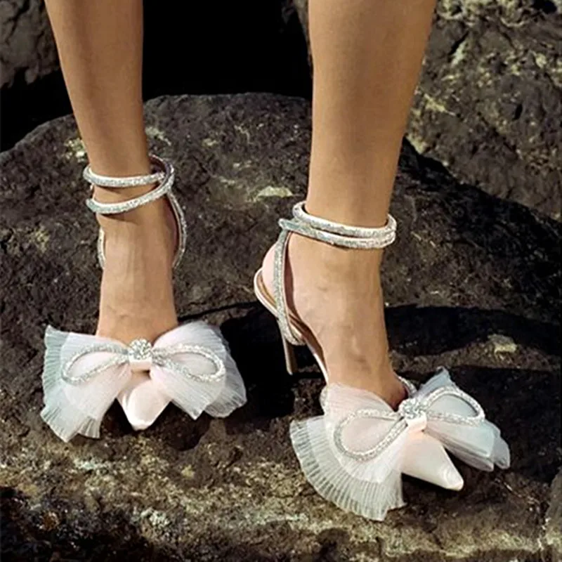 

Pointed toe ladies sandals 2022 spring and summer new high-heeled rhinestone silk bow fashion pullover mules