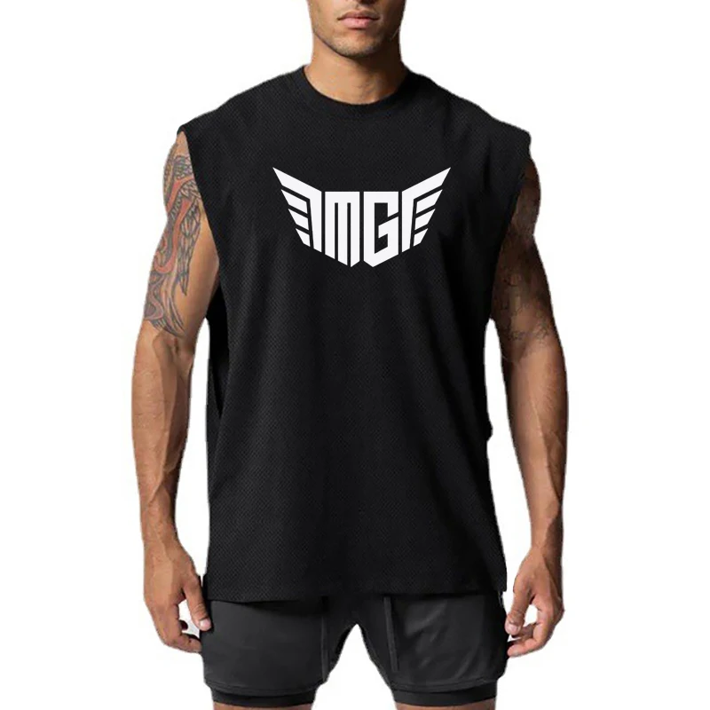 

Summer Mens Oversized Sports Fashion Round Neck Vest Mesh Workout Bodybuilding Sleeveless Shirts Gym Training Men's Casual Tops