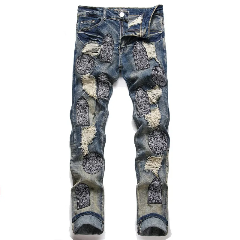 

New Vintage Men's Ripped Jeans Embroidery Perforated Patch Holes Nostalgia Luxury High Quality Brand Design Male Denim Pants