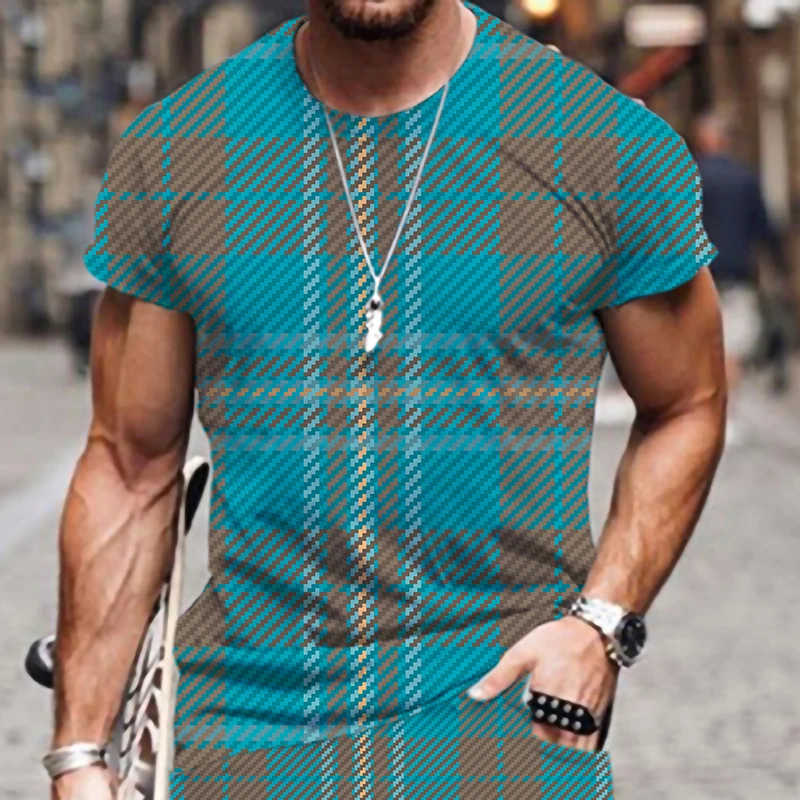 

2022 New Plaid Stripe Pattern Harajuku Tops 2-piece Set Tracksui T Shirt for Men Hip-hop Casual Summer Beach Short Sleeve O Neck