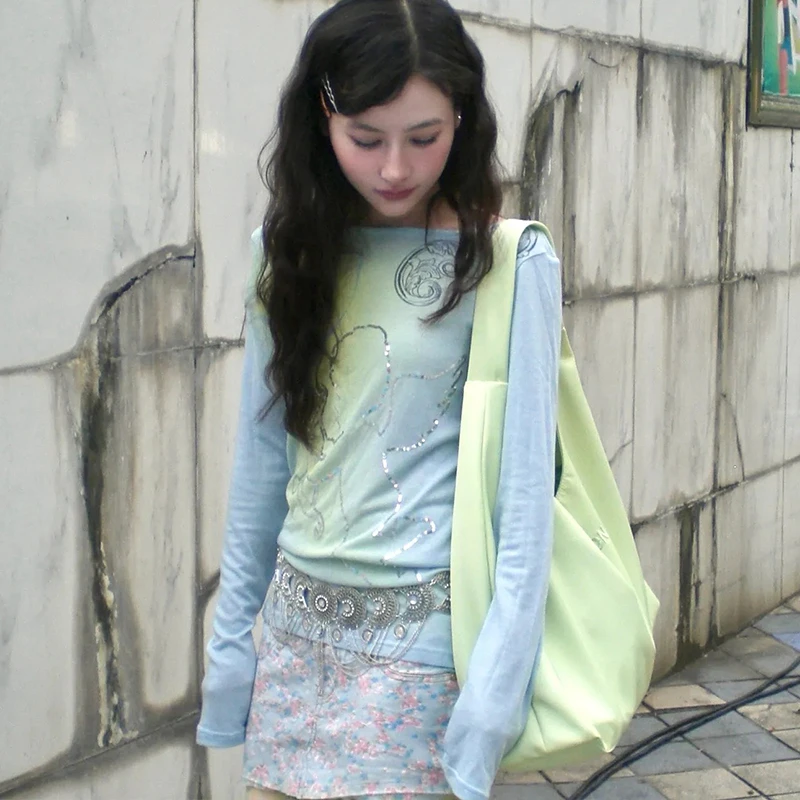 Karrram Japanese Y2k Off Shoulder Tops 2000s Style Fairycore Long Sleeve T-shirt Vintage Harajuku Cupid Print T Shirt American 4