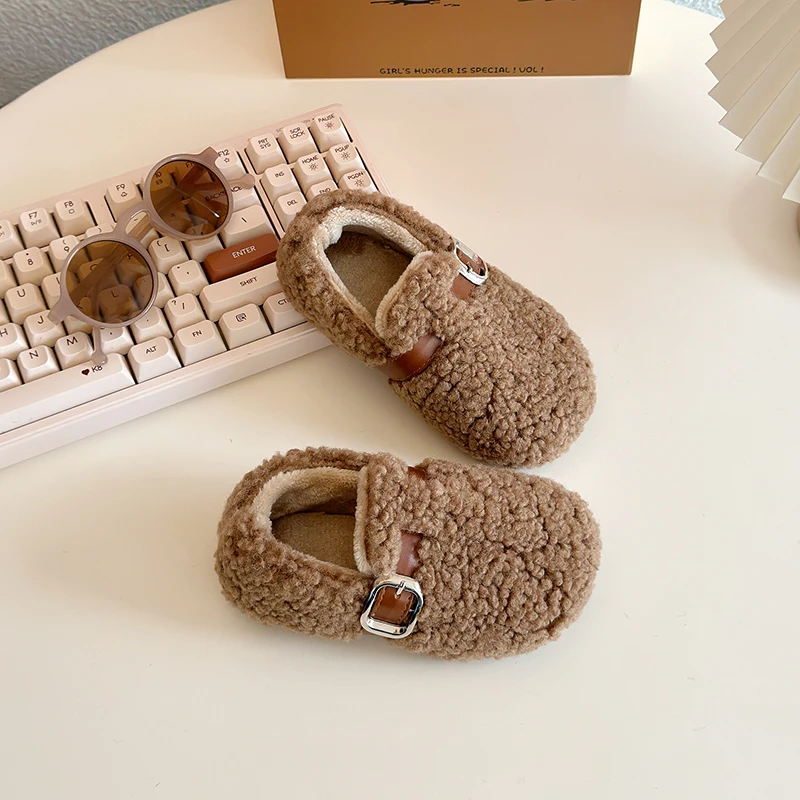 Girls Furry Winter Shoes Solid Color Flats Warm Non Slip