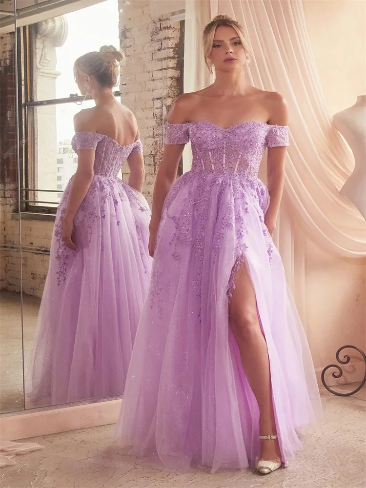 

Gorgeous Off The Shoulder Sweetheart Neck Bodice with Corset Boning Tulle A-Line Prom Dress Open Back Zipper Sweep Train Gowns