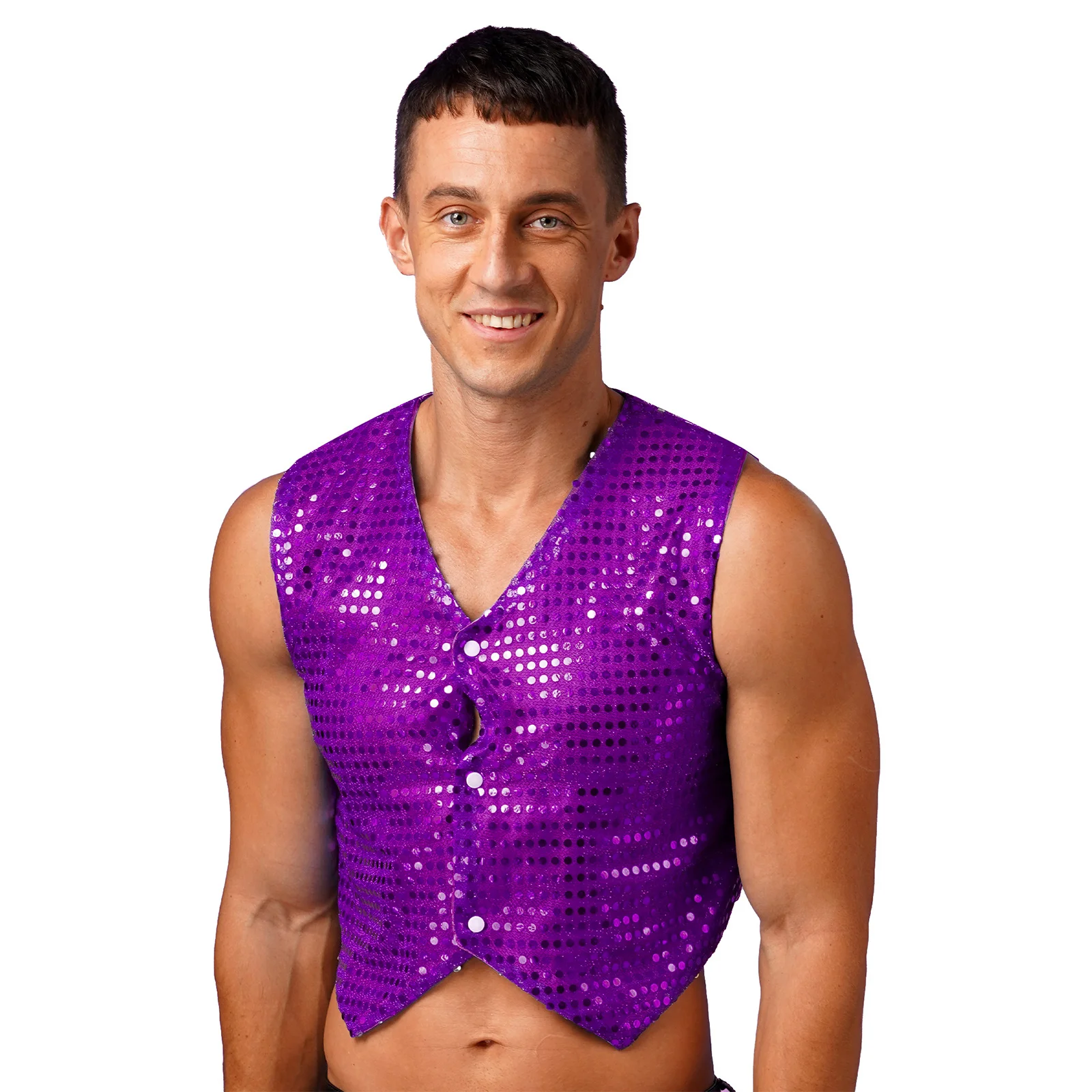 

Mens Glittery Shiny Sequined Jazz Disco Dance Vest V Neck Sleeveless Irregular Hem Waistcoat Hip-hop Dance Performance Costume