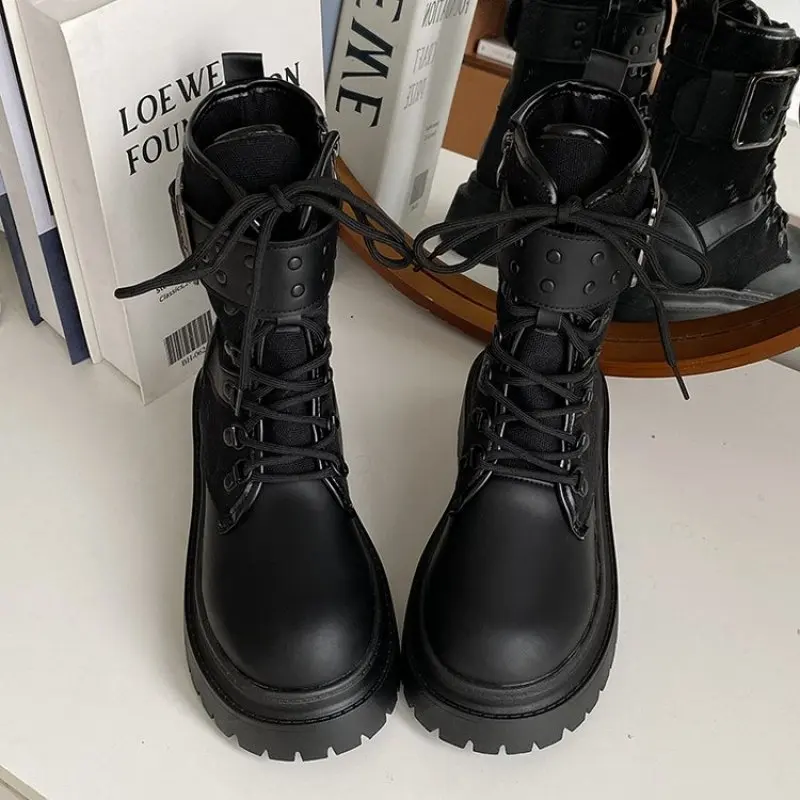 New Black Chunky Heel Platform Punk Outdoor Women's Hot Girl Knight Western Cowboy Boot English Style Fashion Comfort Ankle Boot