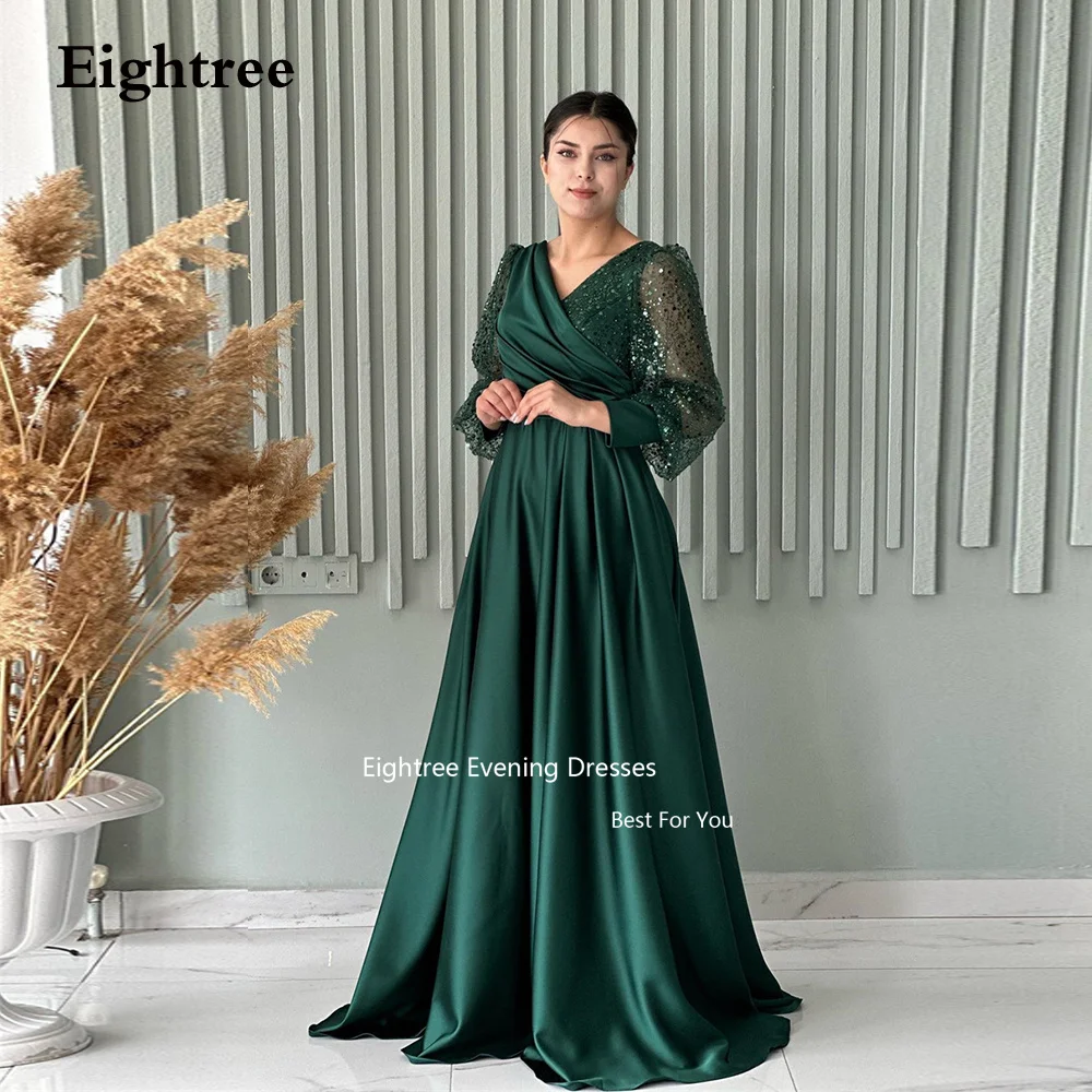 

Eightree Green Vintage Prom Dresses Sequined Beadings Puff Sleeves Long A Line Satin Dresses For Women 2023 Evening Dresses