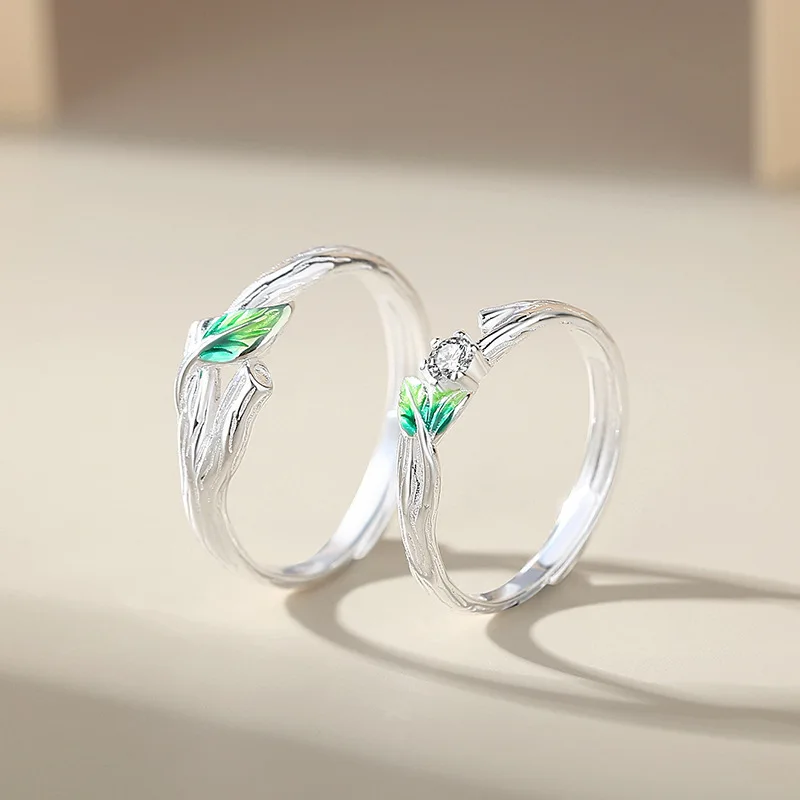 Sweet Simple Green Leaves Young Couple Ring For Women Lover Silver Color Open Resizable Rings Romantic Wedding Jewelry couple rings
