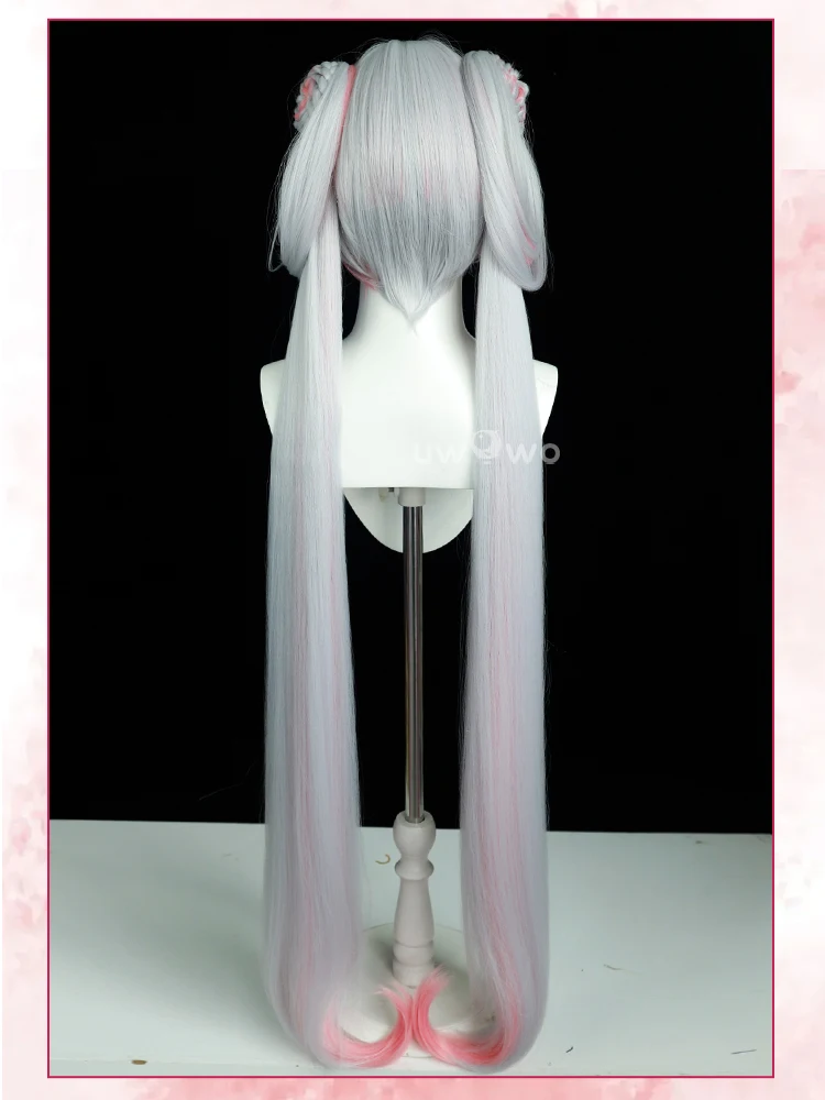 Jinhsi Perücken Wuthering Waves Pfirsichblüte Cosplay Perücke mit Zopf Langhaar Grau und Pink 5