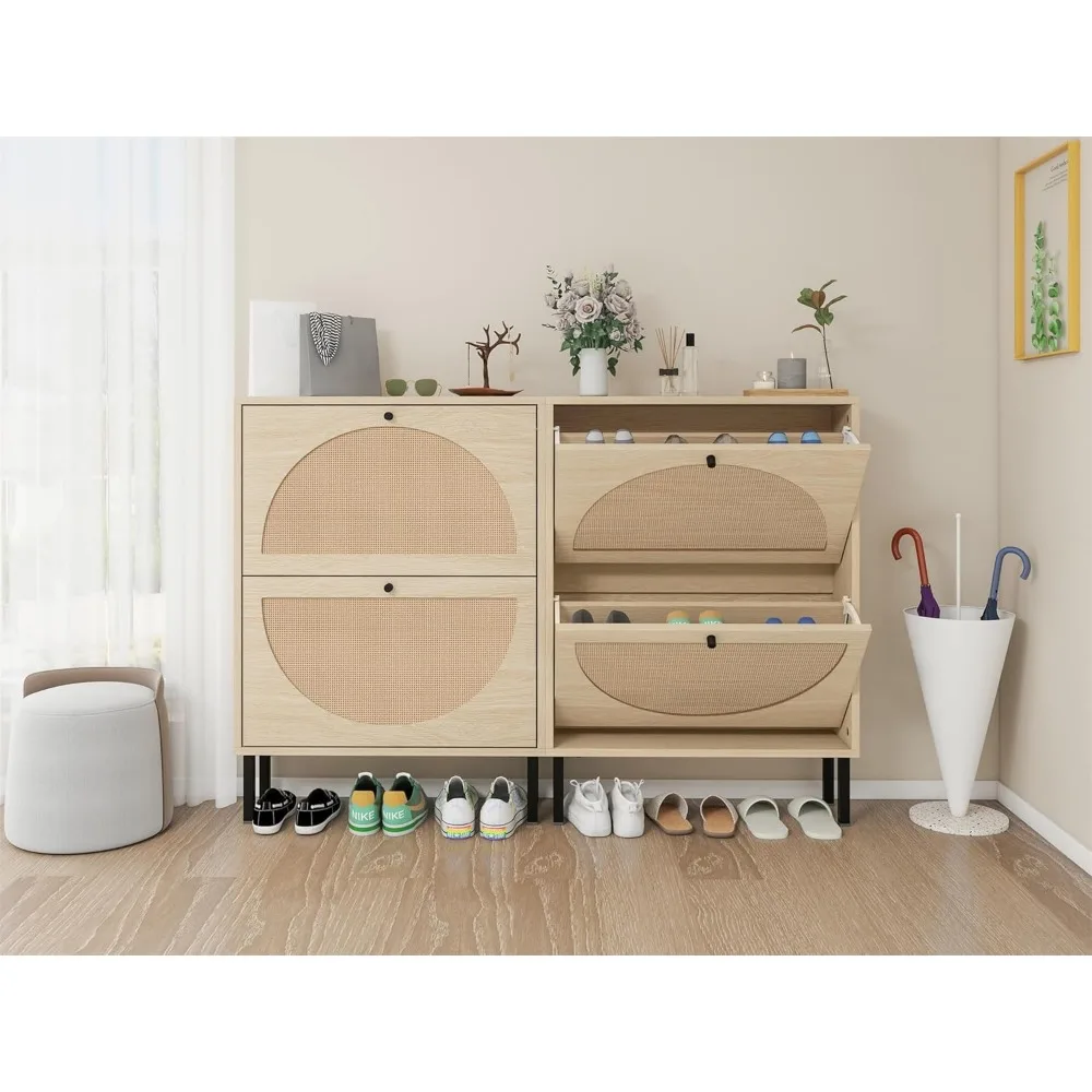 Rattan Shoe Cabinet with Flip Drawers, Narrow Hidden Entrance Hallway Free Standing Shoe Rack for Heels, Slippers 4