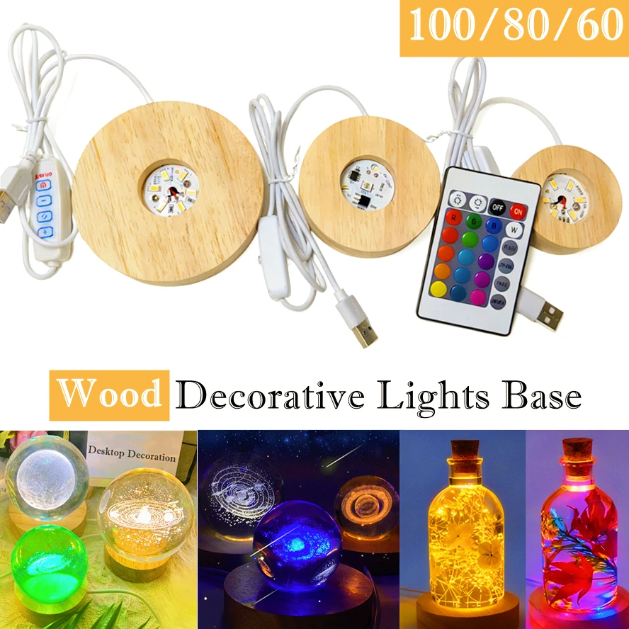 100/80/60mm 스위치 USB 우드 데스크탑 장식 조명 리모컨 라이트 베이스 LED 야간 조명 디스플레이 라이트 장식품