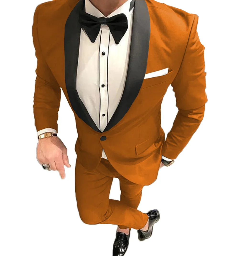 Navy Men Suits Shawl Lapel Flat Tuxedos One button Blazer Groomsmen Prom Suit For Wedding 2 pieces (Blazer+Pants)