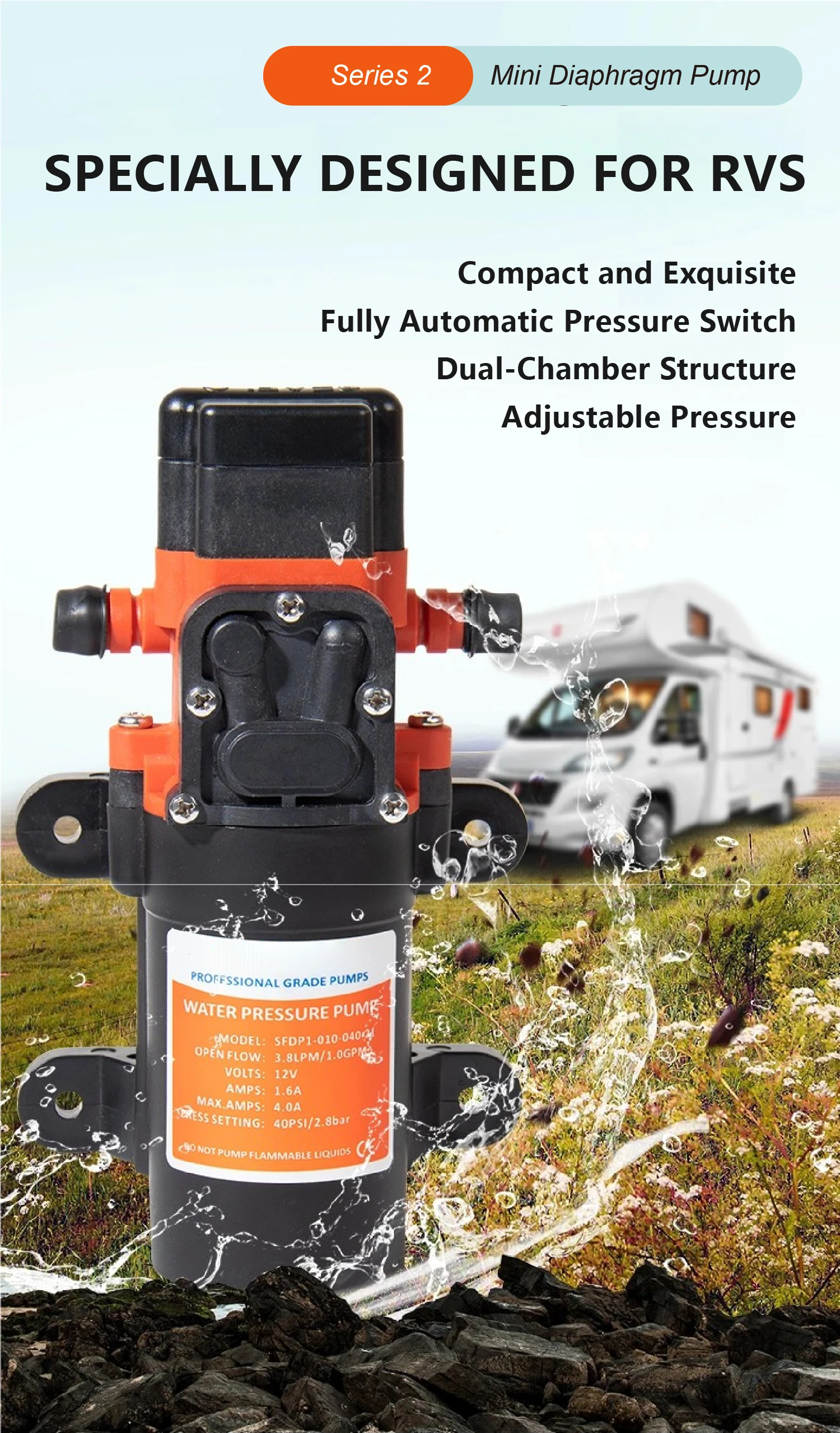23B RV Mini Diaphragm Pump AC220V Self Priming Automatic Water Pump for Caravan