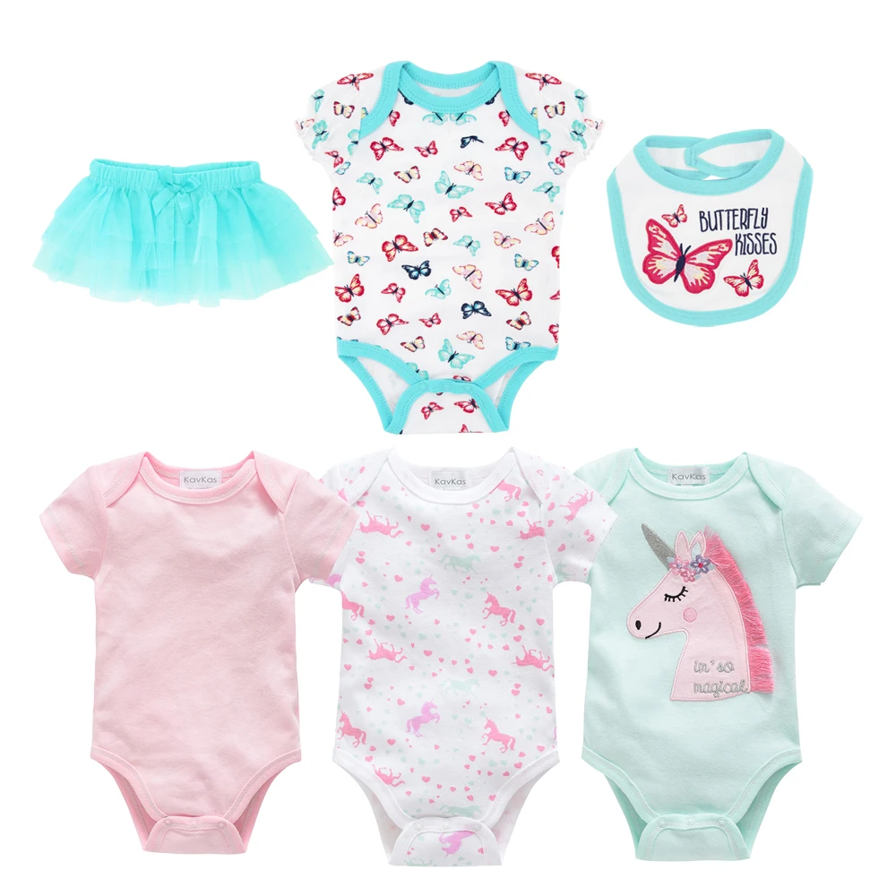 

6 PCS Baby Clothes Set Girls Romper Unicorn 100% Cotton Infants Boysuit Girls Dress Bibs Jumpsuit Newborn Outfit Gift