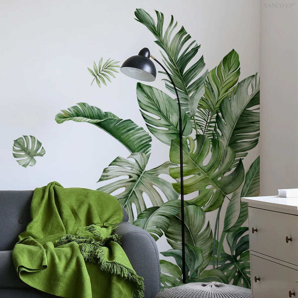 2pc Set Large Size Green Plant Wall Decal Sticker For Home Decoration Monster Leaf Design Easy To Apply And Remove Home Wall Art 1