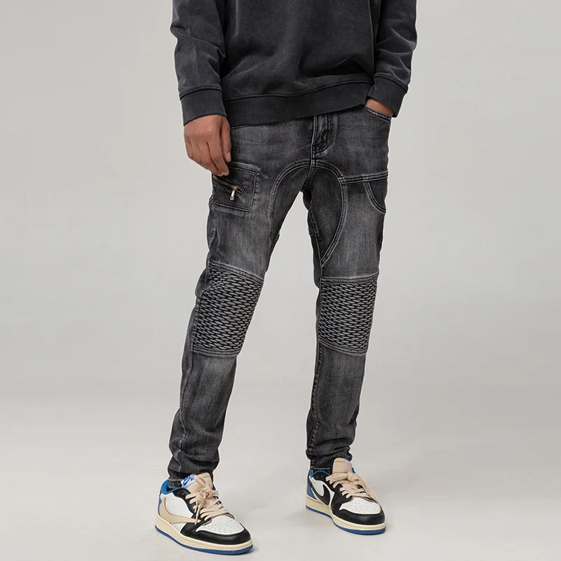 Street Fashion Men Jeans Retro Black Gray Elastic Slim Fit Spliced Biker Jeans Men Wrinkle Patch Designer Hip Hop Pants Hombre