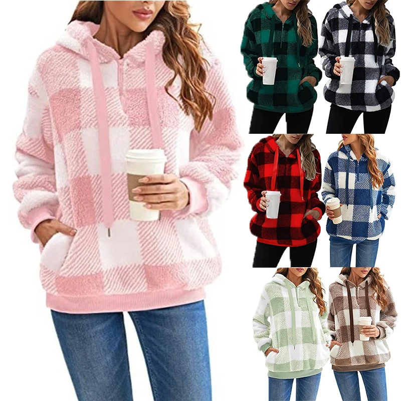 New women's patchwork plaid hoodie autumn/winter long sleeved thickened fleece pullover with round neck drawstring hoodie women s autumn winter fashionable elegant round neck long sleeved pullover hoodie casual versatile western style commuting tops