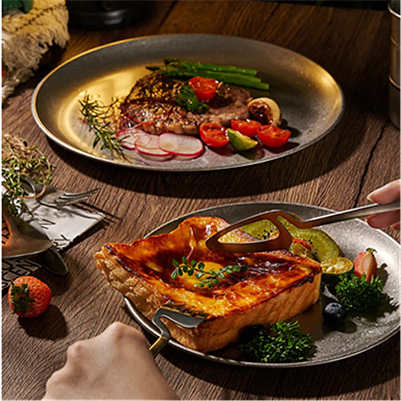 Retro Stainless Steel Storage Trays Kitchen Dinner Plate Round Snow Gray Tableware Plate Coffee Dessert Cake Serving Dishes