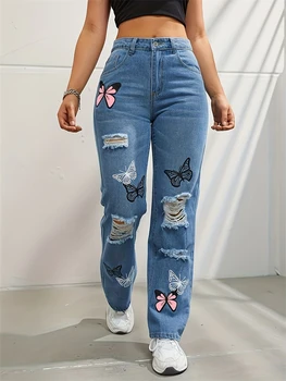 Pantaloni da donna con stampa a farfalla, jeans blu a vita alta, pantaloni estivi, pantaloni casual da ragazza cool, pantaloni in denim a gambe larghe femminili 1