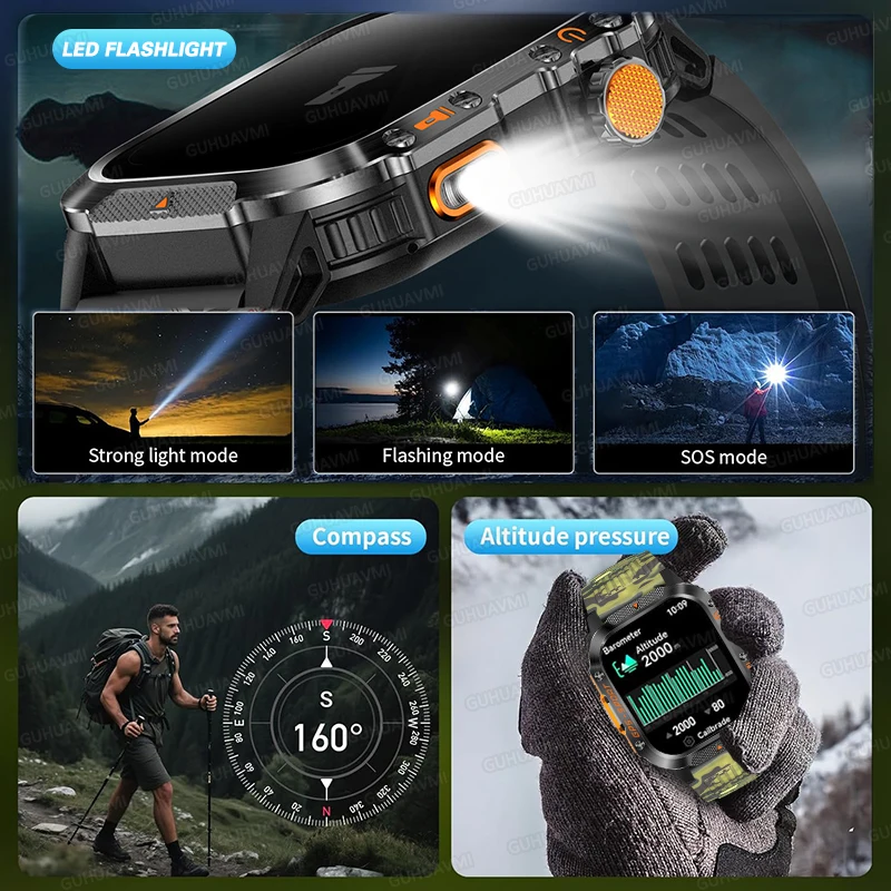 2025New 남성 군용 GPS 스마트 시계 손전등 나침반 고도계 HD 블루투스 통화 심박수 3ATM 방수 스포츠 Smartwatch