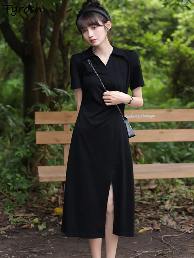 

Dresses Women Side-slit Retro Empire Leisure Simple Pure Korean Style Daily Summer Fashion Elegant Midi Vestidos Students Cozy