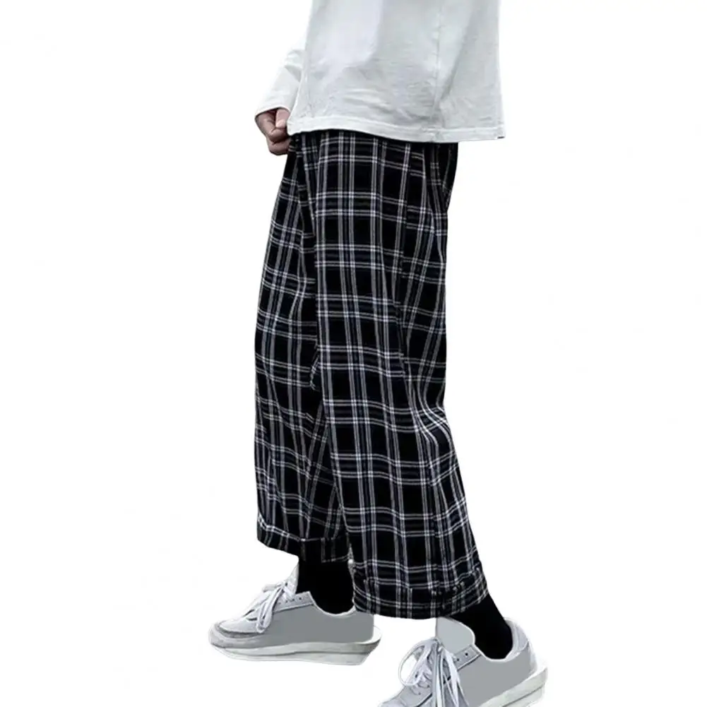 Autumn Men Pants Plaid Streetwear Wide Leg Elastic Waist Loose Sports Pants Trousers Checkered Wide Leg Pants for Travel 5