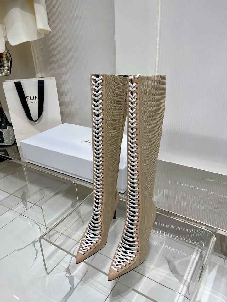 

Fall 2023 New Lace-up Boots Pointed Toe Stiletto Heel Cut-out Knit Fashion Sexy knee high boots Designer Boots for Women shoes