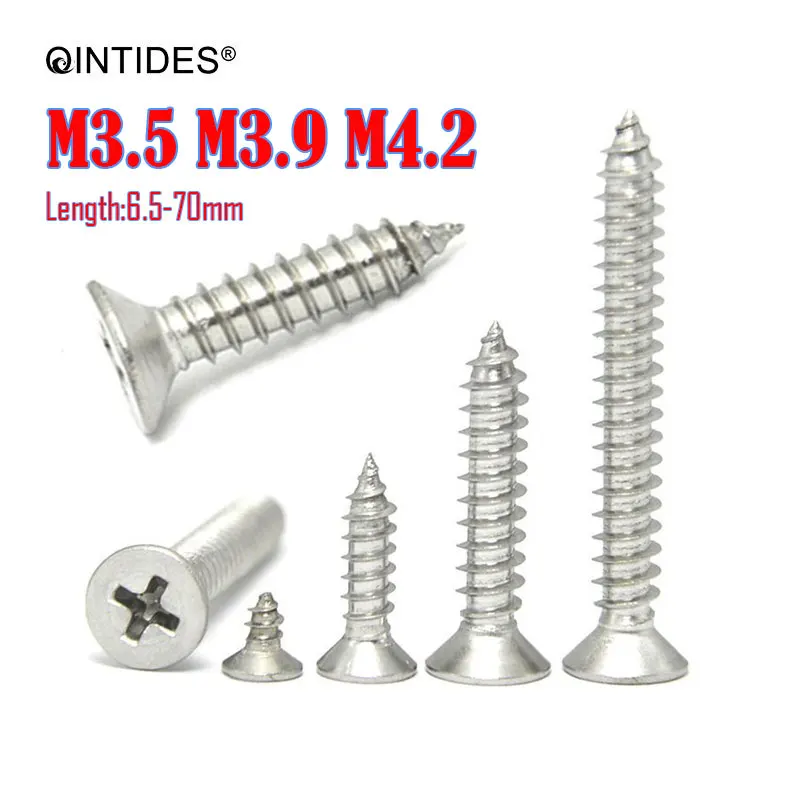 

100/2000Pcs M3.5 M3.9 M4.2 Screw Length:6.5-70mm Cross Recessed Countersunk Head Self-tapping Screws Stainless Steel Flat Screws