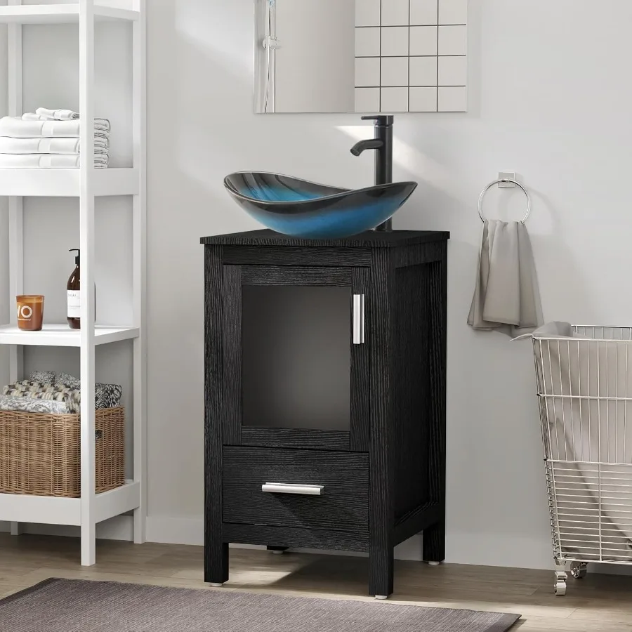 18" Small Bathroom Vanity Sink Combo Modern Freestanding Cabinet W/Matte Glass Door Drawer Blue Boat Tempered Vessel Sink 2