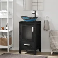 18" Small Bathroom Vanity Sink Combo Modern Freestanding Cabinet W/Matte Glass Door Drawer Blue Boat Tempered Vessel Sink 2