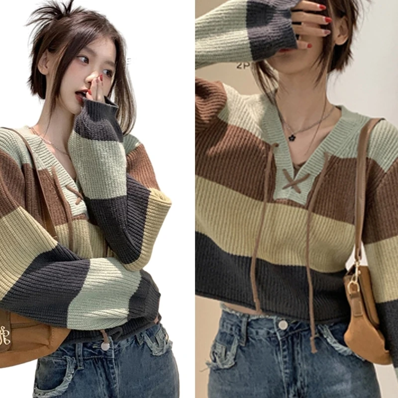 

Women Drawstring Lace-Up V-Neck Colorblock Striped Knit Sweater Autumn Long Sleeve Casual Loose Pullover Jumper Crop Top