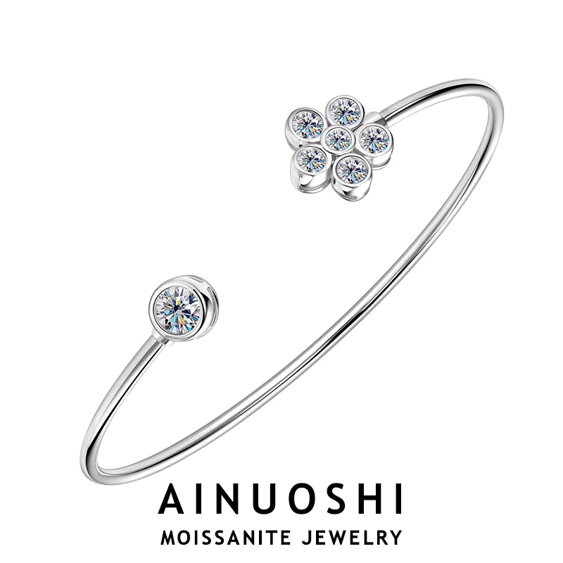 

AINUOSHI Bezel Flower Shape Moissanite Bracelet With Certificate Pure 925 Sterling Silver Cuff Bangle For Women Wrist Jewelry