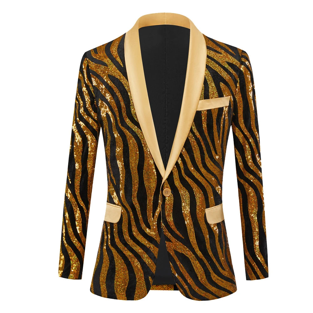 

Men's Yellow Striped Trendy Sequins Men's Singer Stage Performance Host Dress Suit Coat Jacket Tuxedo Gentlemen Wedding Groom